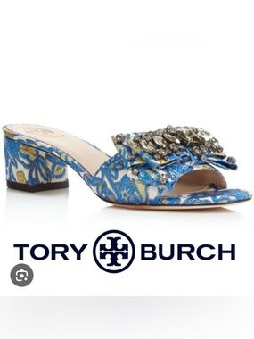 Tory Burch  Valentina Blue Floral Embellished Open-Toe Block Heel Mules 8.5